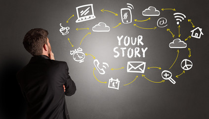 businessman drawing social media icons with YOUR STORY inscription, new media concept