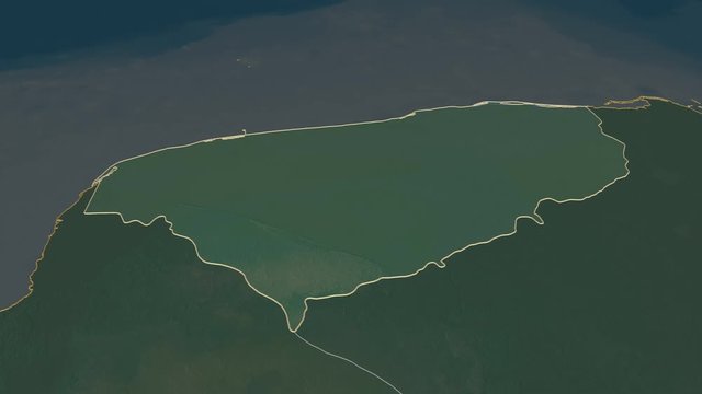 Yucatán, state with its capital, zoomed and extruded on the relief map of Mexico in the conformal Stereographic projection. Animation 3D