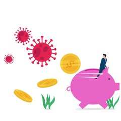 Man ride piggy bank runaway from corona virus and coins splattered. Business flat vector concept illustration.
