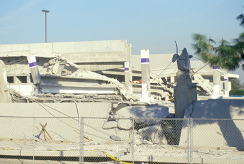 A collapsed parking garage at a Northridge shopping center at epicenter of the 1994 earthquake