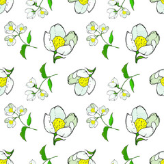 seamless background of painted twigs and Jasmine flowers, vector isolated images, doodles	