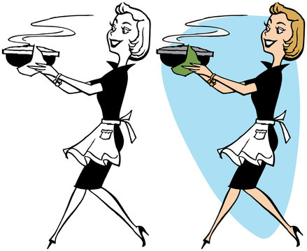 A cartoon of a woman in an apron brining a hot pot of dinner to the table. 