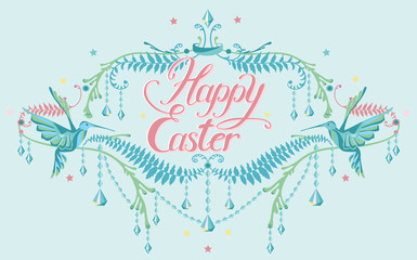 happy easter hand drawn lettering set with decorative elements
