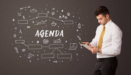 Businessman thinking with AGENDA inscription, business education concept