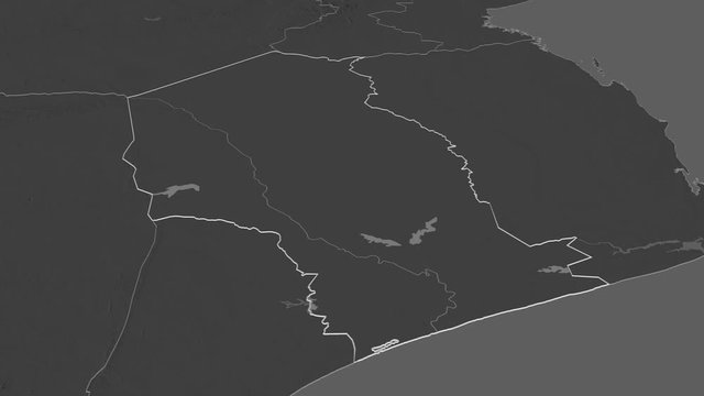 Gaza, province with its capital, zoomed and extruded on the bilevel map of Mozambique in the conformal Stereographic projection. Animation 3D