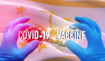 COVID-19 vaccine medical concept with flag of the states of USA. State of Rhode Island flag 3D illustration.