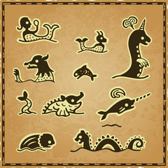 Vector set of sea monster map icons on a parchment background with a frame. Includes a mermaid with a mirror, a fish, sea snakes and other creatures. Can represent ocean exploration, seafaring.