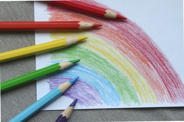 Colored pencils with crayon child's drawing of a rainbow that during Covid-19 coronavirus pandemic...