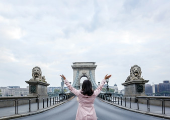 Tourist and Chain bridge in Budapest, Hungary
