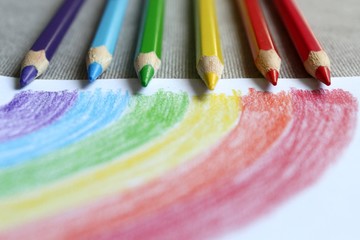 Colored pencils with crayon child's drawing of a rainbow that during Covid-19 coronavirus pandemic...