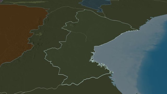 Sofala, province with its capital, zoomed and extruded on the administrative map of Mozambique in the conformal Stereographic projection. Animation 3D