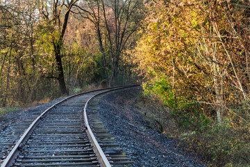 Fototapeta premium Autumn landscape of a brightly colored forest with empty railroad tracks