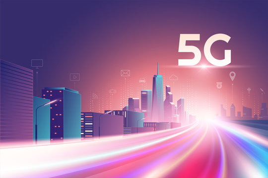 5G Wireless Network. 5th Internet Service, Night Urban City With Things And Services Icons Connection, Internet Of Things, 5G Network Wireless With High Speed Connection And Mobile Connectivity