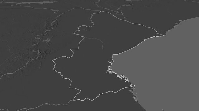 Sofala, province with its capital, zoomed and extruded on the bilevel map of Mozambique in the conformal Stereographic projection. Animation 3D