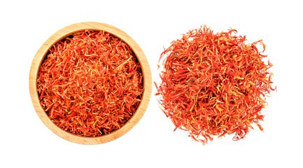 Safflower dried in wood bowl on white background