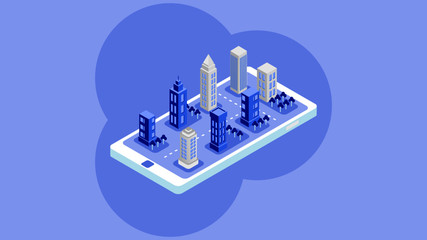 Smart city or intelligent building isometric vector concept.Modern flat design isometric concept of Smart City for website and mobile website.