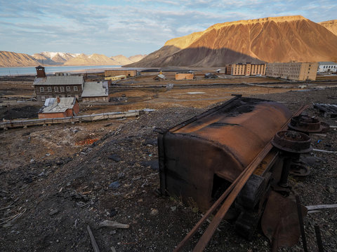 Pyramiden, Norway - Abandoned Soviet/ Russian settlement Pyramiden in Svalbard archipelago. Rusting industrial ruins in the abandoned Arctic mining town 