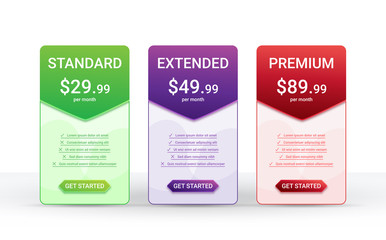 Price comparison table layout template for three products, vector illustration
