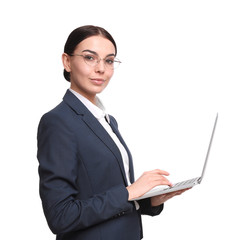 Young businesswoman with laptop on white background