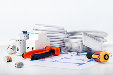 Electric different equipment, wires and tools on Electrical diagram. Components for electricity.