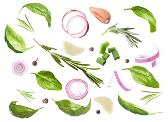 Set with fresh basil leaves and other ingredients on white background