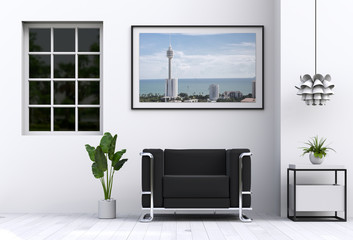 interior modern living room with sofa,  plant, lamp, decoration, 3D render