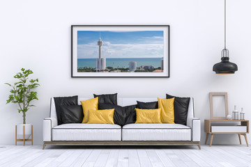 interior modern living room with sofa,  plant, lamp, decoration, 3D render