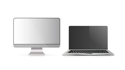 Monitor for computer. Modern open laptop. Set of computer equipment isolated on a white background. Realistic vector.
