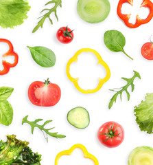 Set of different vegetables on white background, top view. Fresh ingredients for salad