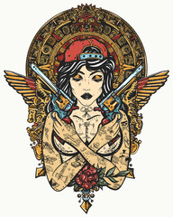 Bad girl, crossed guns, golden wings and mayan sun. Cool gangster tattooed woman in baseball cap. Criminal street culture art. Favela style. Swag. Hip-hop and rap lifestyle
