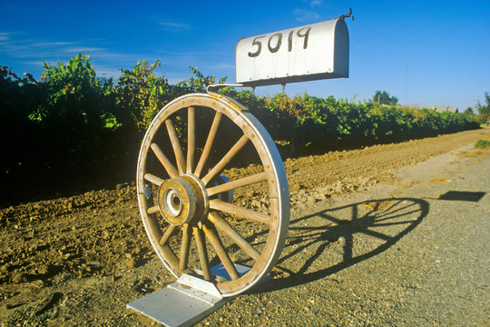 Mailbox Mounted On Wagon Wheel,  Modesto, CA