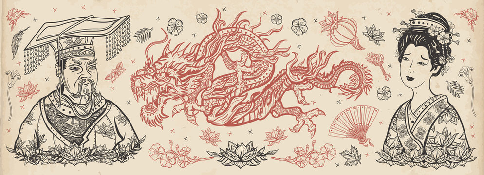 Ancient China. Old school tattoo vector collection. Chinese dragon, emperor, queen in traditional costume, fan, red lantern, lotus flower. Traditional tattooing style. History and culture. Asian art
