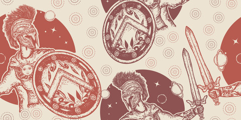 Spartan warrior holding sword and shield. Seamless pattern. Packing old paper, scrapbooking style. Vintage background. Medieval manuscript, engraving art. Legionary of ancient Rome