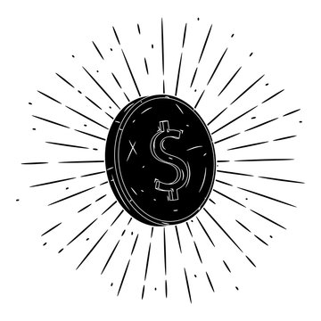 Coin. Hand drawn vector illustration with coin and divergent rays. Used for poster, banner, web, t-shirt print, bag print, badges, flyer, logo design and more.