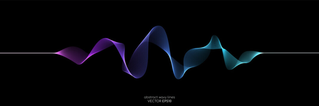 Abstract wave lines dynamic flowing colorful light isolated on black background. Vector illustration design element in concept of music, party, technology, modern.