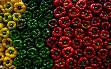 fresh colors green red and yellow peppers