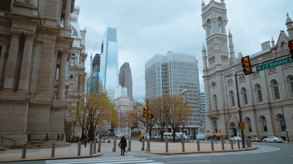 Fototapeta na wymiar Philadelphia street corner with Masonic Temple and City Hall