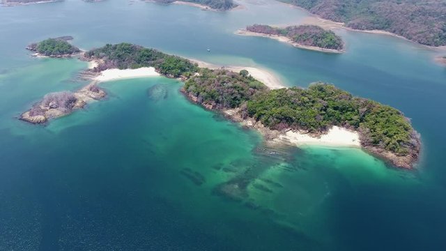 Aerial View of Las Perlas Islands with Coral and Rock Fringed Clear Water Beaches