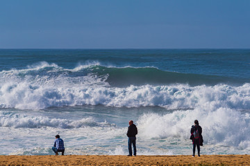 Giant breaking waves along the beach -Nazare North Beach, Portugal  is the most famous surfing spot in the world. Many people came to watch the highest breaking waves at the beach. 