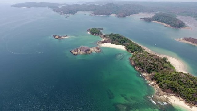 Aerial View of Las Perlas Islands with Coral and Rock Fringed Clear Water Beaches