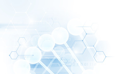 DNA double helix. Healthcare and science pattern medical innovation concept. Blue and white abstract technology digital hi tech hexagons concept background