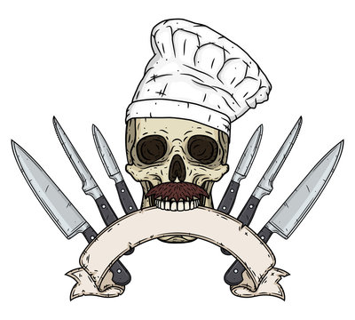 Skull in a chef hat. Cartoon skull. Chef skull with ribbon for your text.