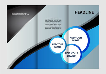 Template design of blue trifold brochure. Editable and light vector with places for photos. Proportionally A4
