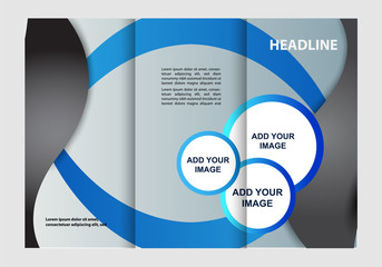 Template design of blue trifold brochure. Editable and light vector with places for photos. Proportionally A4
