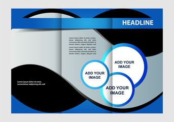 Template design of blue trifold brochure. Editable and light vector with places for photos. Proportionally A4
