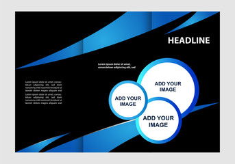 Template design of blue trifold brochure. Editable and light vector with places for photos. Proportionally A4
