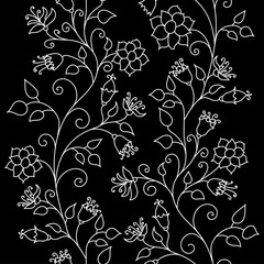 Floral pattern. Wildflowers. Seamless pattern white outline on a black background