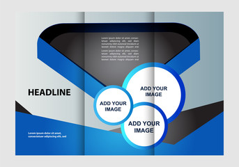 Template design of blue trifold brochure. Editable and light vector with places for photos. Proportionally A4
