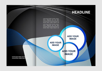Template design of blue trifold brochure. Editable and light vector with places for photos. Proportionally A4
