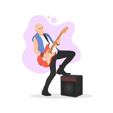 Bald male heavy metal hard rock guitarist playing electric guitar. Rock N' Roll concept. Rockstar symbol. Band member. Sound system. Box speaker - Simple flat design vector character illustration